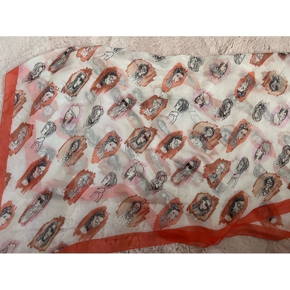 BCBGMaxAzria White Orange Fashion Sketch Faces Semi Sheer 100% Silk Scarf Wrap